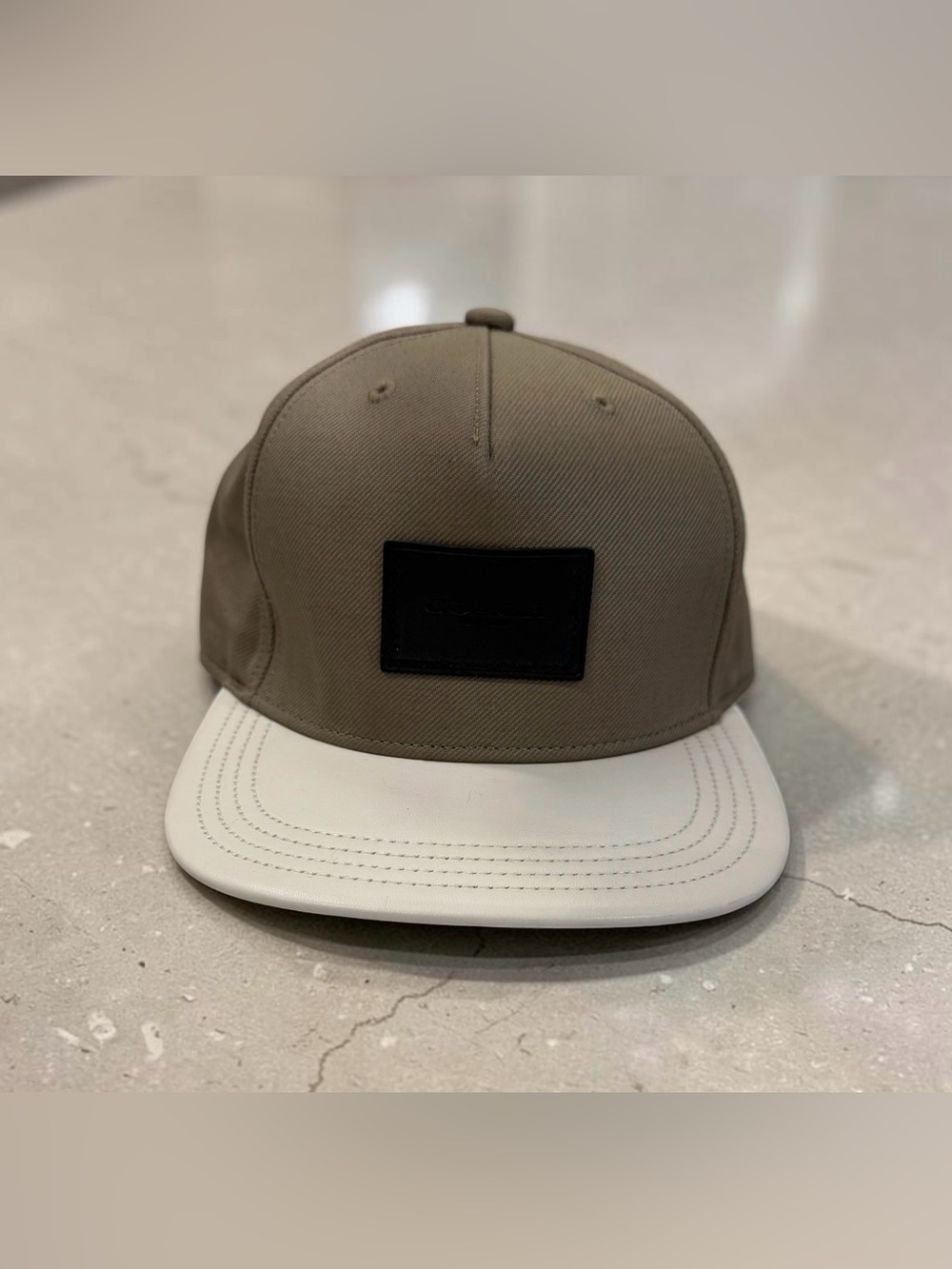 COACH Flat Brim Colorblock Baseball Hat Cap - Khaki & Off-White Leather Brim